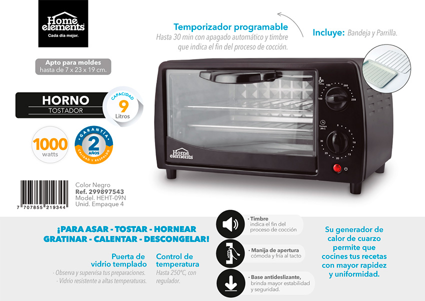 Horno tostador home 2024 elements capacidad 9 litros